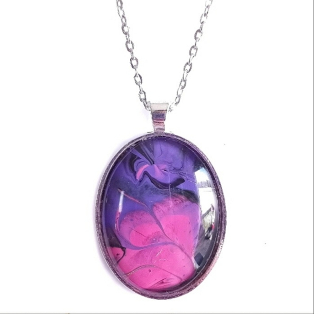 Pink purple and black acrylic paint pour pendant on 22" silver necklace new